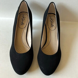 Life Stride black heels with silver hardware decor, size 7